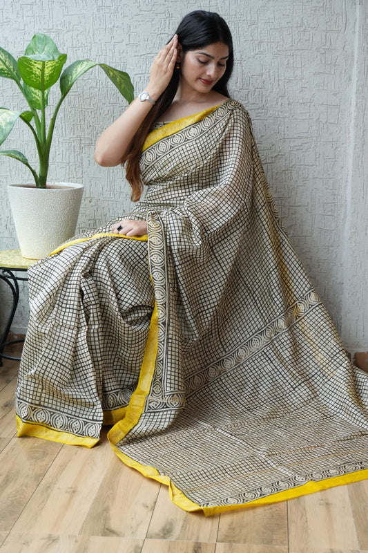 Jaipuri Hand Block Bagru Printed Maheshwari Silk Saree With Blouse (MSS109)