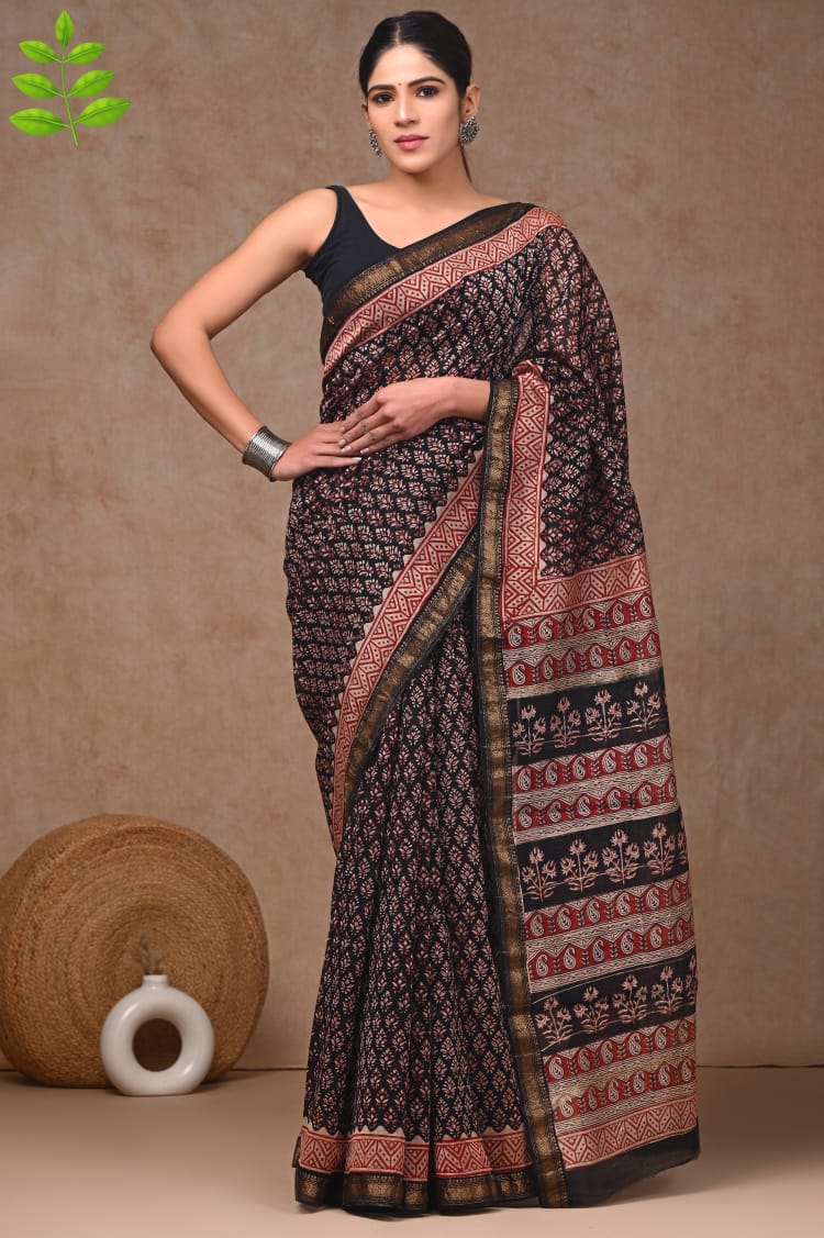 Jaipuri Hand Block Bagru Printed Maheshwari Silk Saree With Blouse (MSS114)