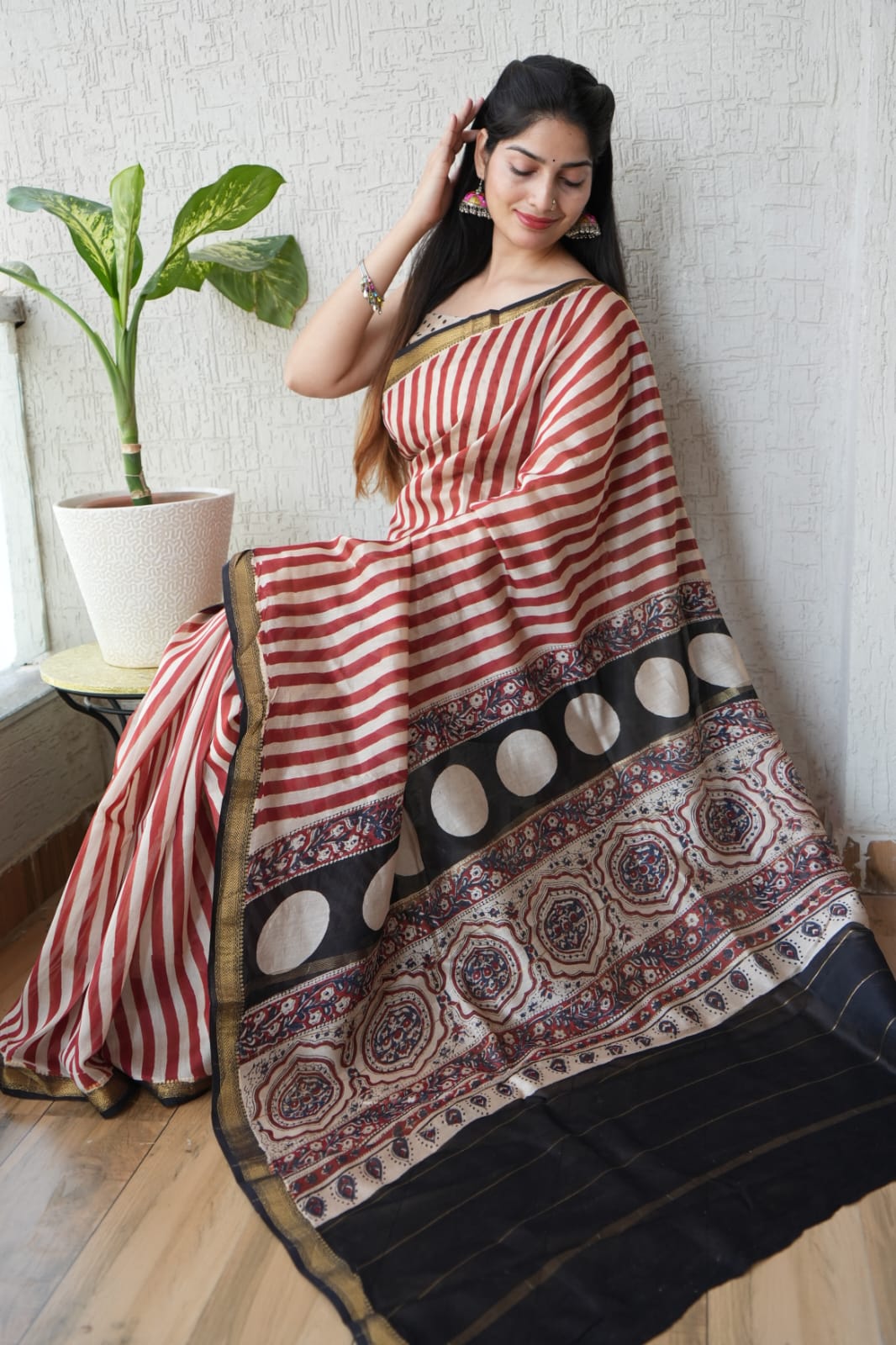 Jaipuri Hand Block Bagru Printed Maheshwari Silk Saree With Blouse (MSS116)