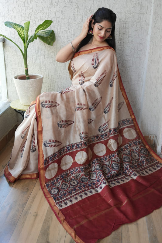 Jaipuri Hand Block Bagru Printed Maheshwari Silk Saree With Blouse (MSS83)