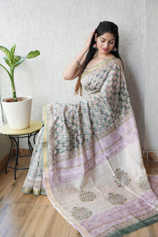 Jaipuri Hand Block Bagru Printed Maheshwari Silk Saree With Blouse (MSS85)