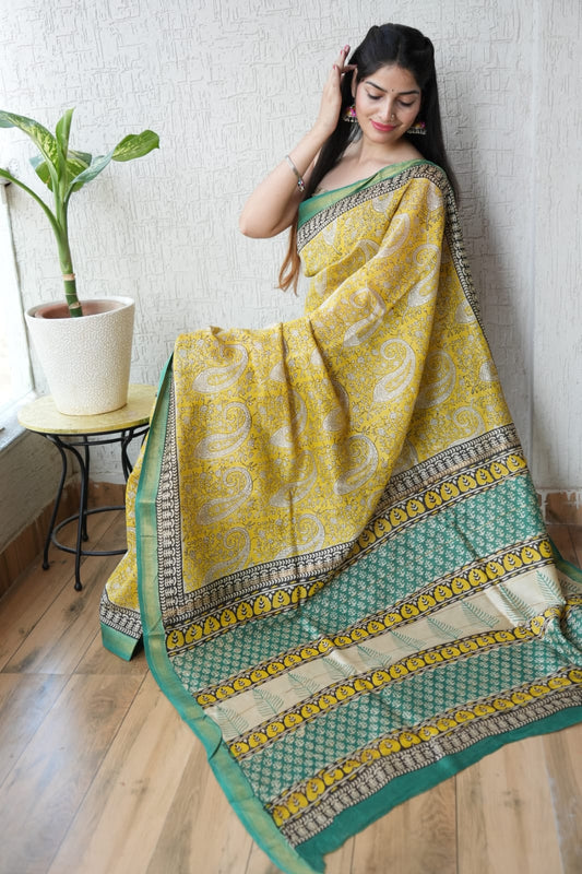 Jaipuri Hand Block Bagru Printed Maheshwari Silk Saree With Blouse (MSS87)