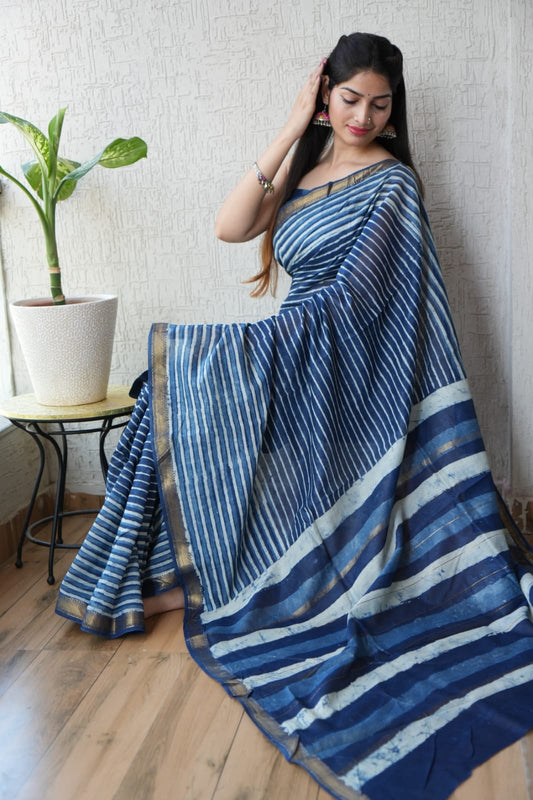 Jaipuri Hand Block Bagru Printed Maheshwari Silk Saree With Blouse (MSS92)
