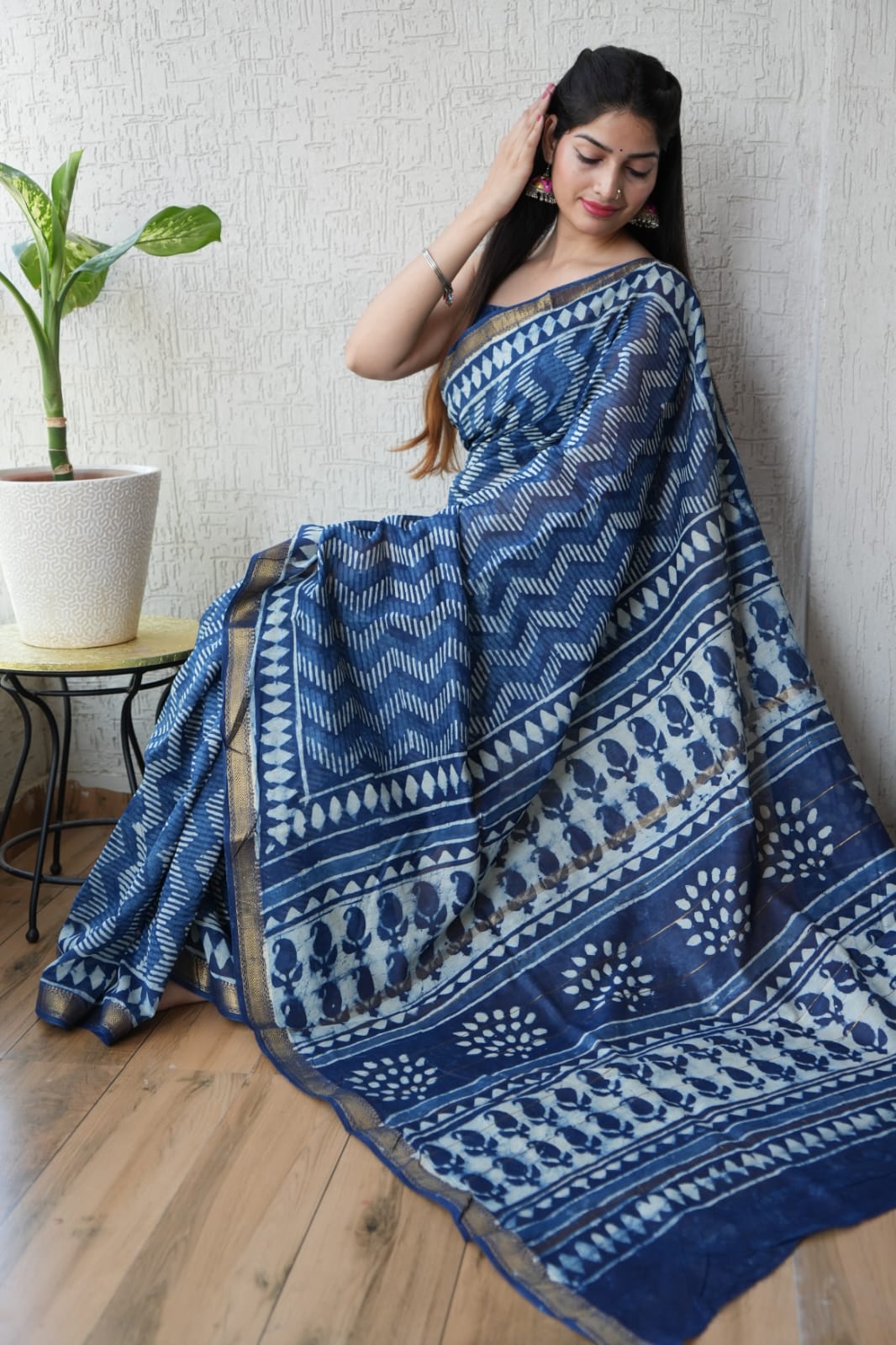 Jaipuri Hand Block Bagru Printed Maheshwari Silk Saree With Blouse (MSS93)