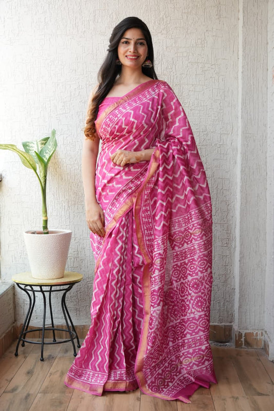 Jaipuri Hand Block Bagru Printed Maheshwari Silk Saree With Blouse (MSS96)