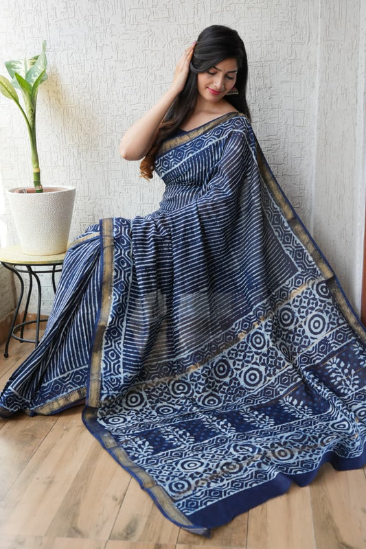 Jaipuri Hand Block Bagru Printed Maheshwari Silk Saree With Blouse (MSS97)