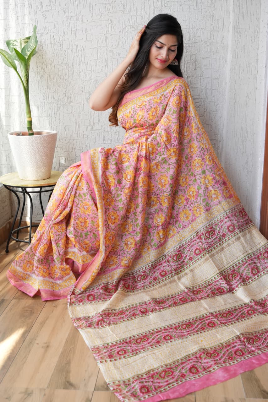 Jaipuri Hand Block Bagru Printed Maheshwari Silk Saree With Blouse (MSS101)