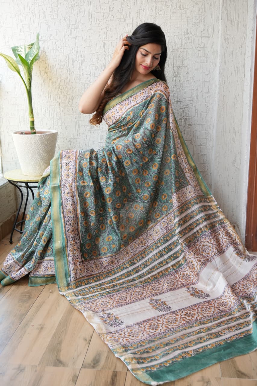Jaipuri Hand Block Bagru Printed Maheshwari Silk Saree With Blouse (MSS99)