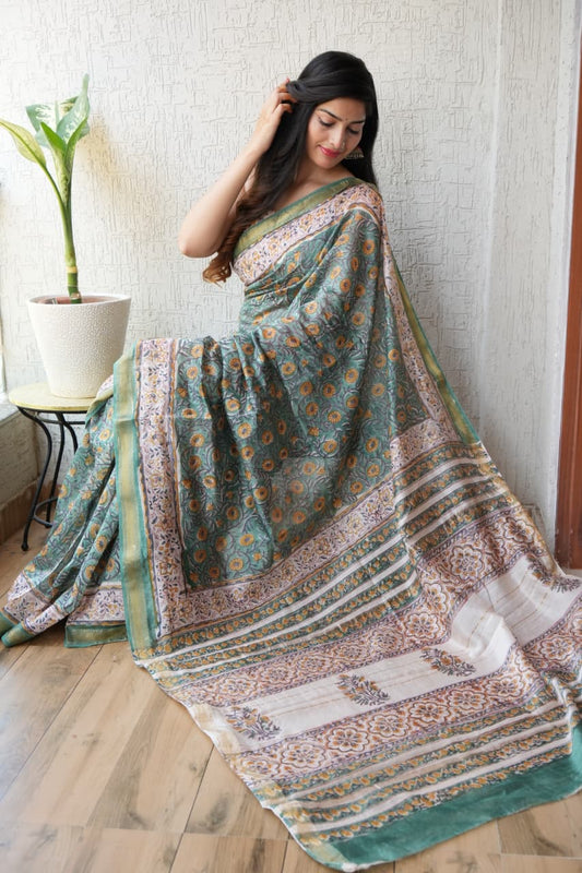 Jaipuri Hand Block Bagru Printed Maheshwari Silk Saree With Blouse (MSS99)