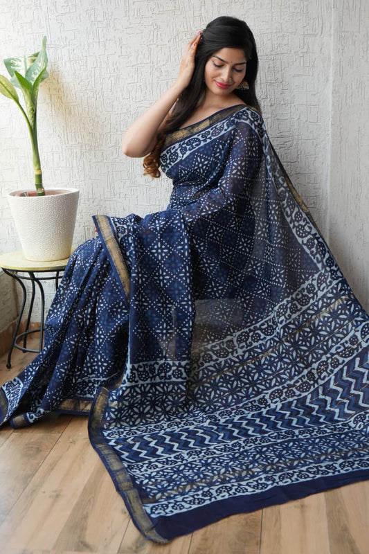 Jaipuri Hand Block Bagru Printed Maheshwari Silk Saree With Blouse (MSS100)