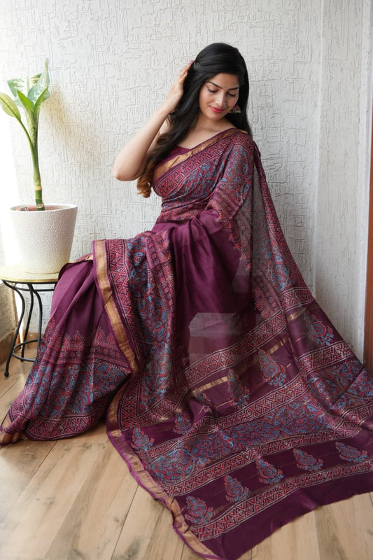 Jaipuri Hand Block Bagru Printed Maheshwari Silk Saree With Blouse (MSS103)