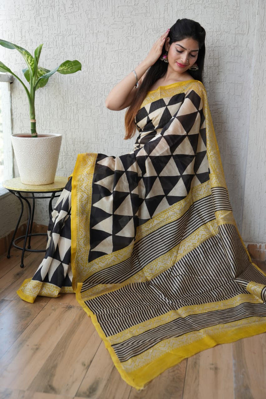 Bagru Hand Block Printed Chanderi Silk Saree with Blouse (CSS65)