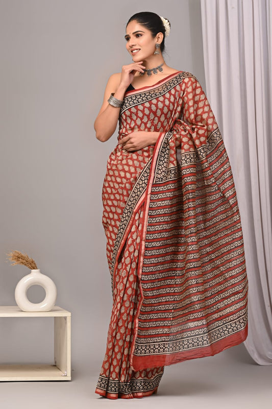 Bagru Hand Block Printed Chanderi Silk Saree with Blouse (CSS72)