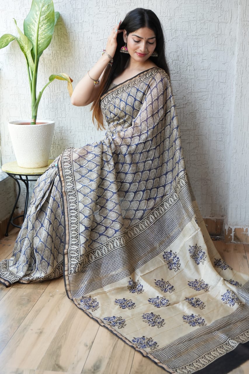 Bagru Hand Block Printed Chanderi Silk Saree with Blouse (CSS74)