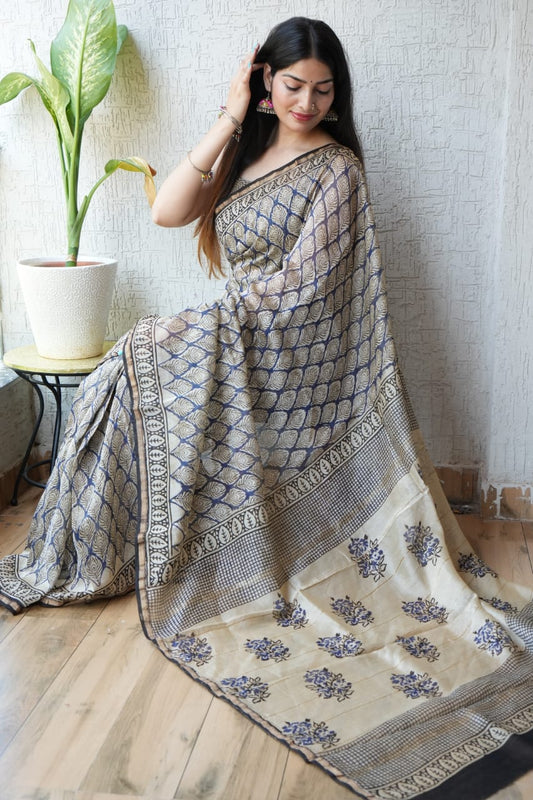 Bagru Hand Block Printed Chanderi Silk Saree with Blouse (CSS74)