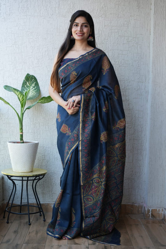 Bagru Hand Block Printed Chanderi Silk Saree with Blouse (CSS76)