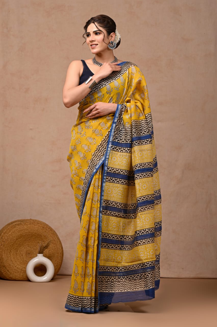 Bagru Hand Block Printed Chanderi Silk Saree with Blouse (CSS79)