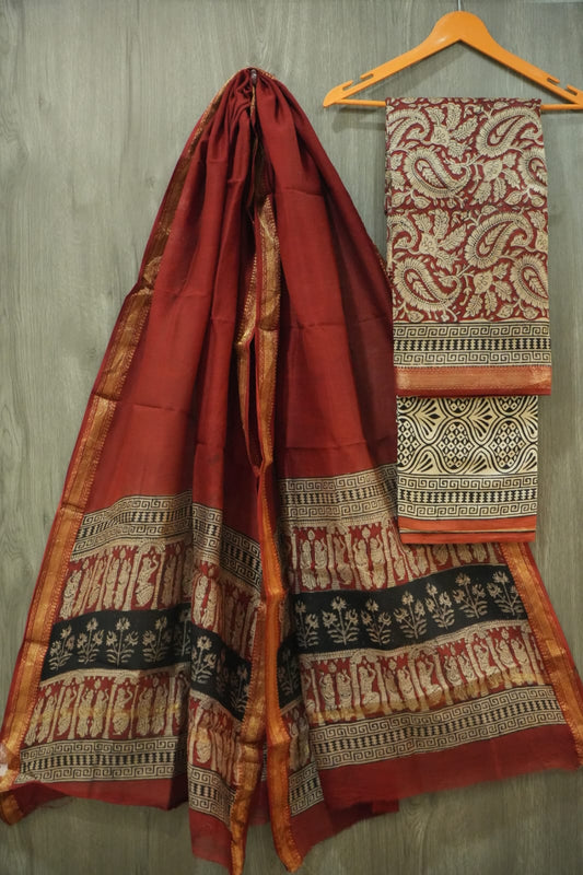 JAIPURI HAND BLOCK PRINTED MAHESHWARI SILK SUIT WITH SILK DUPPATA (MSD70)