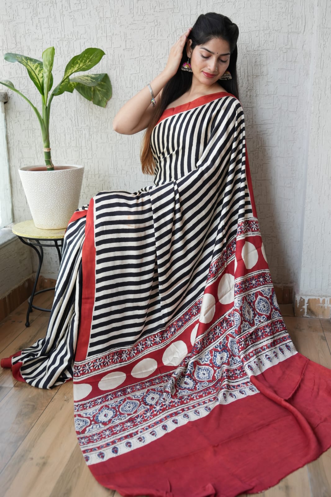 Ajrakh Hand Block Bagru Vanspati Printend Modal Silk Saree with Blouse (CID32)