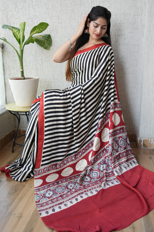 Ajrakh Hand Block Bagru Vanspati Printend Modal Silk Saree with Blouse (CID32)