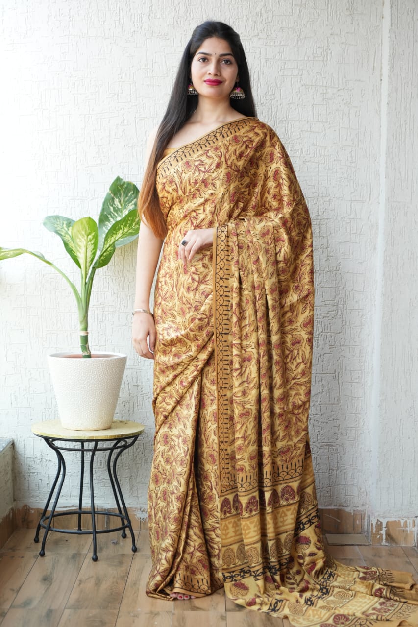 Ajrakh Hand Block Bagru Vanspati Printend Modal Silk Saree with Blouse (CID37)