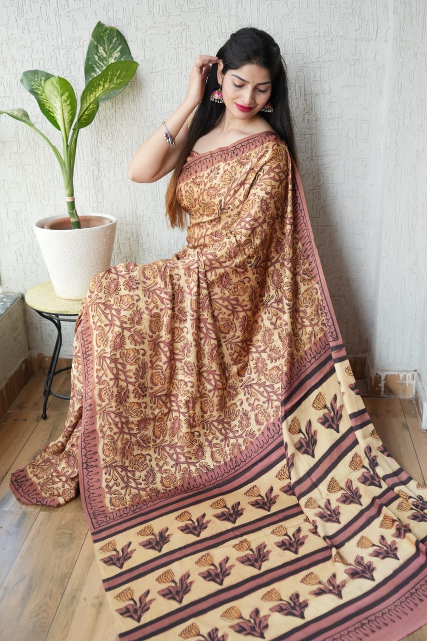 Ajrakh Hand Block Bagru Vanspati Printend Modal Silk Saree with Blouse (CID28)