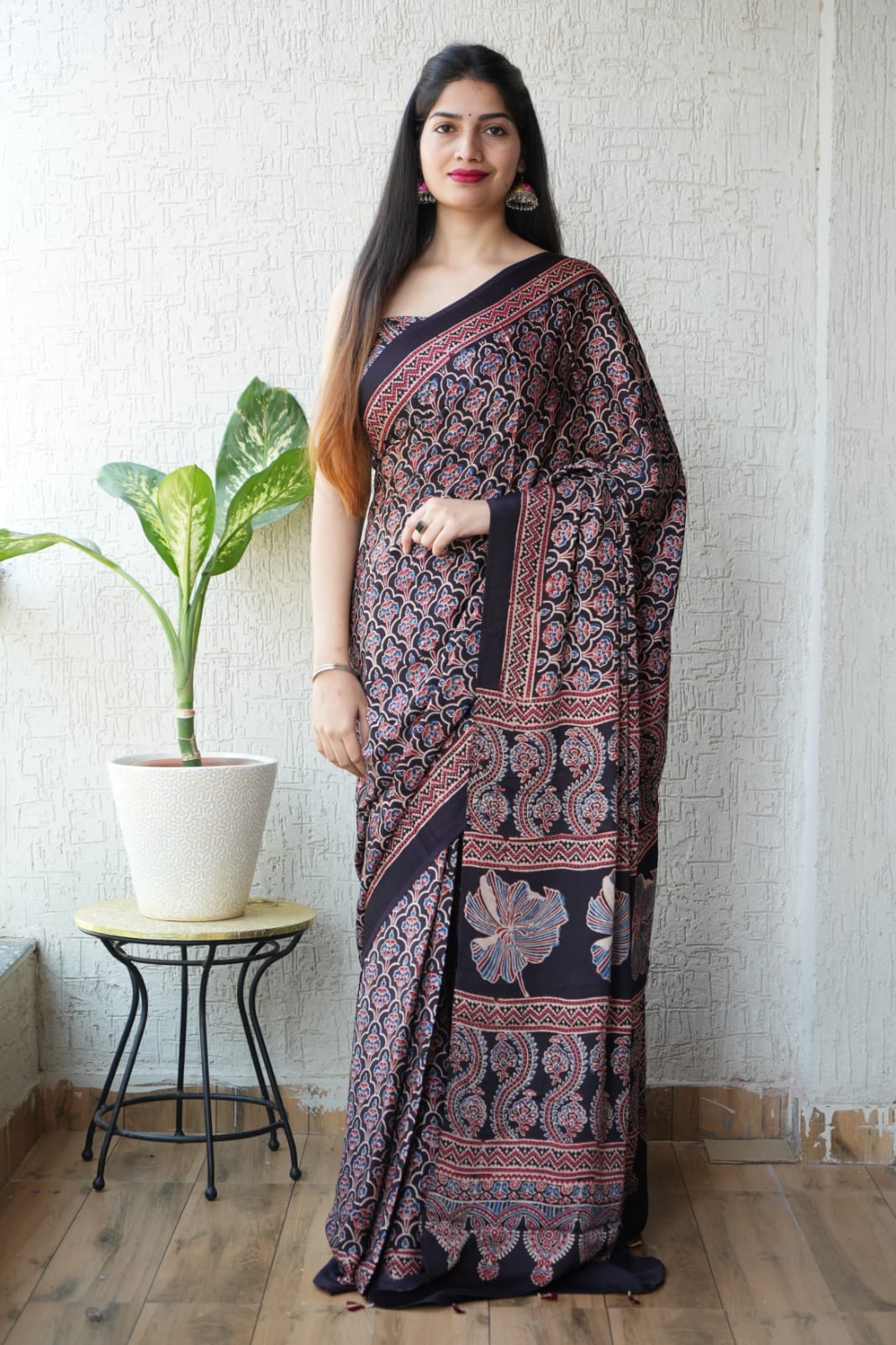 HAND BLOCK PRINTED AJRAKH MODAL SILK SAREE (CIG36)