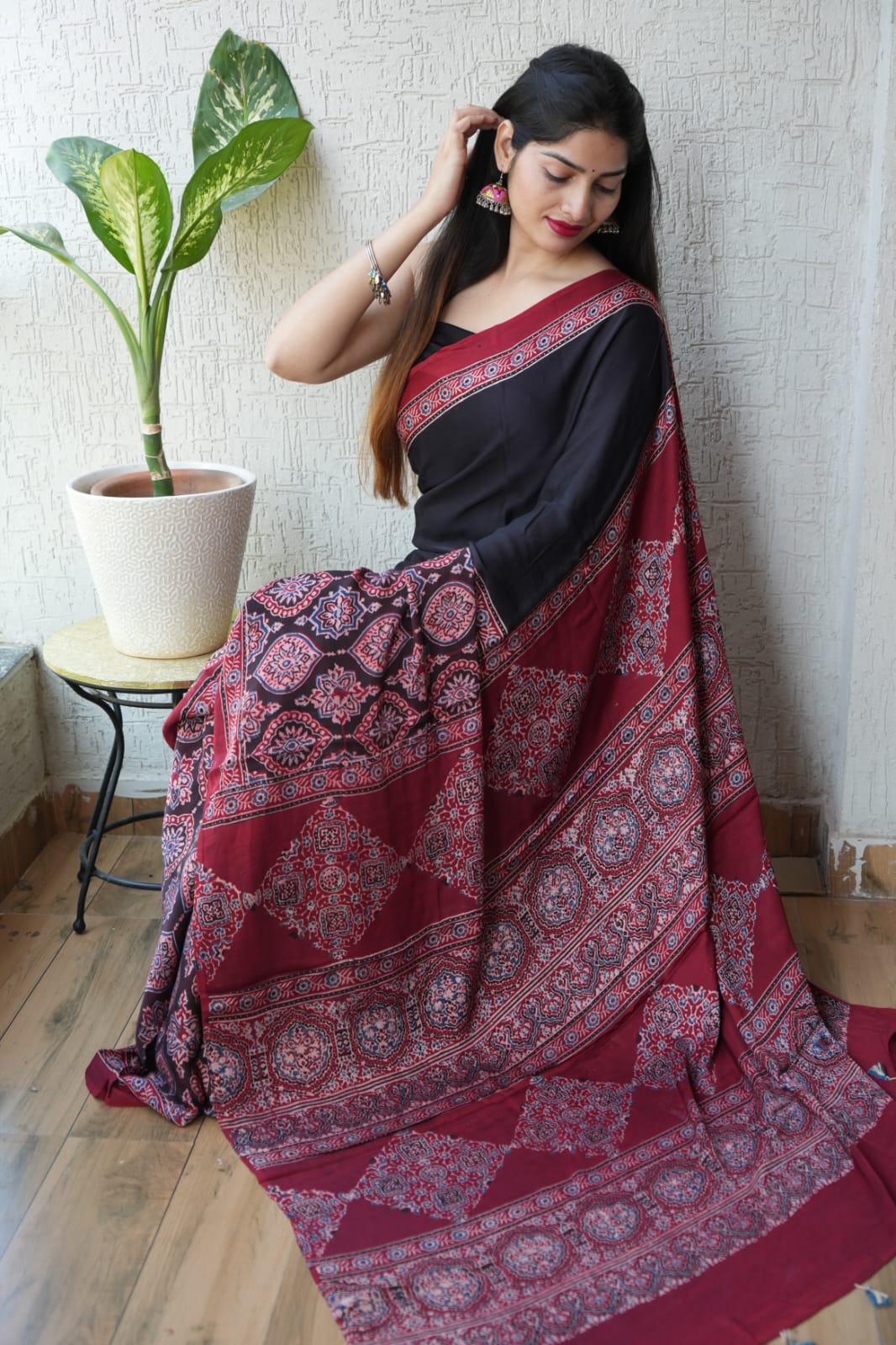 HAND BLOCK PRINTED AJRAKH MODAL SILK SAREE (CIG37)