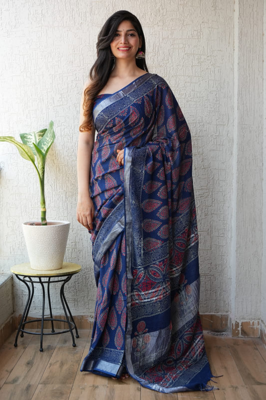 HAND BLOCK BLACK & WHITE PRINTED COTTON LINEN SAREE WITH BLOUSE (LCS87)