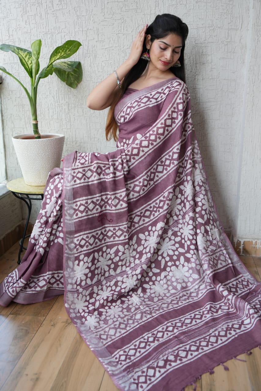 HAND BLOCK BLACK & WHITE PRINTED COTTON LINEN SAREE WITH BLOUSE (LCS88)