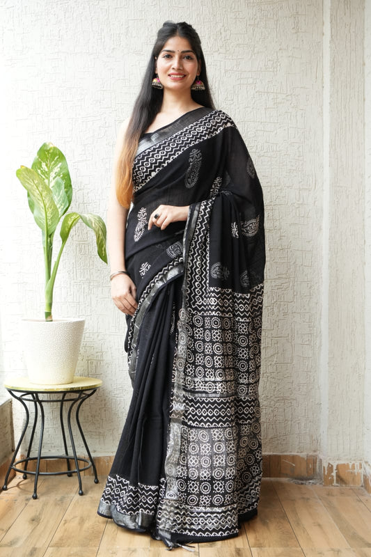 HAND BLOCK BLACK & WHITE PRINTED COTTON LINEN SAREE WITH BLOUSE (LCS89)