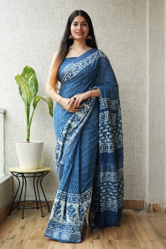 HAND BLOCK BLACK & WHITE PRINTED COTTON LINEN SAREE WITH BLOUSE (LCS90)