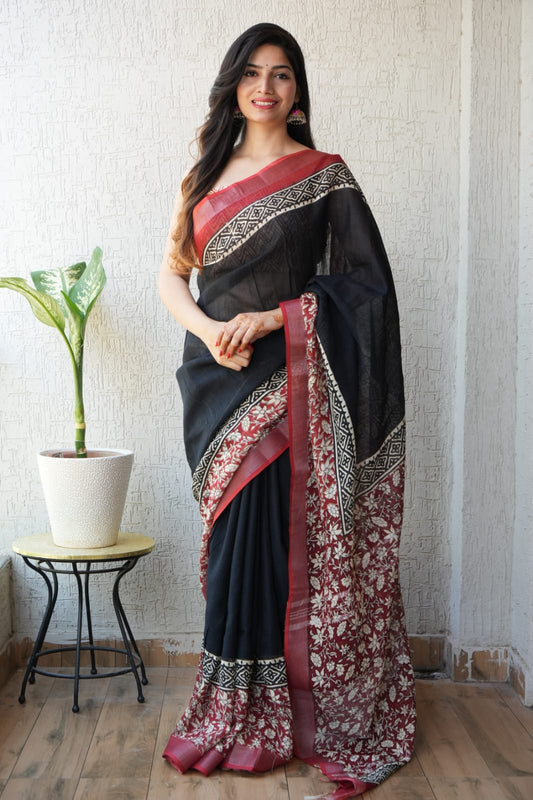 HAND BLOCK BLACK & WHITE PRINTED COTTON LINEN SAREE WITH BLOUSE (LCS93)