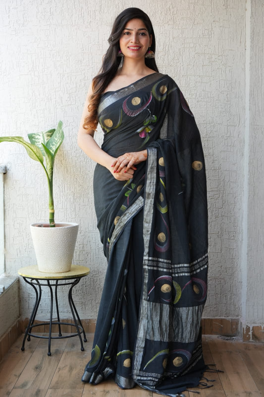 HAND BLOCK BLACK & WHITE PRINTED COTTON LINEN SAREE WITH BLOUSE (LCS95)