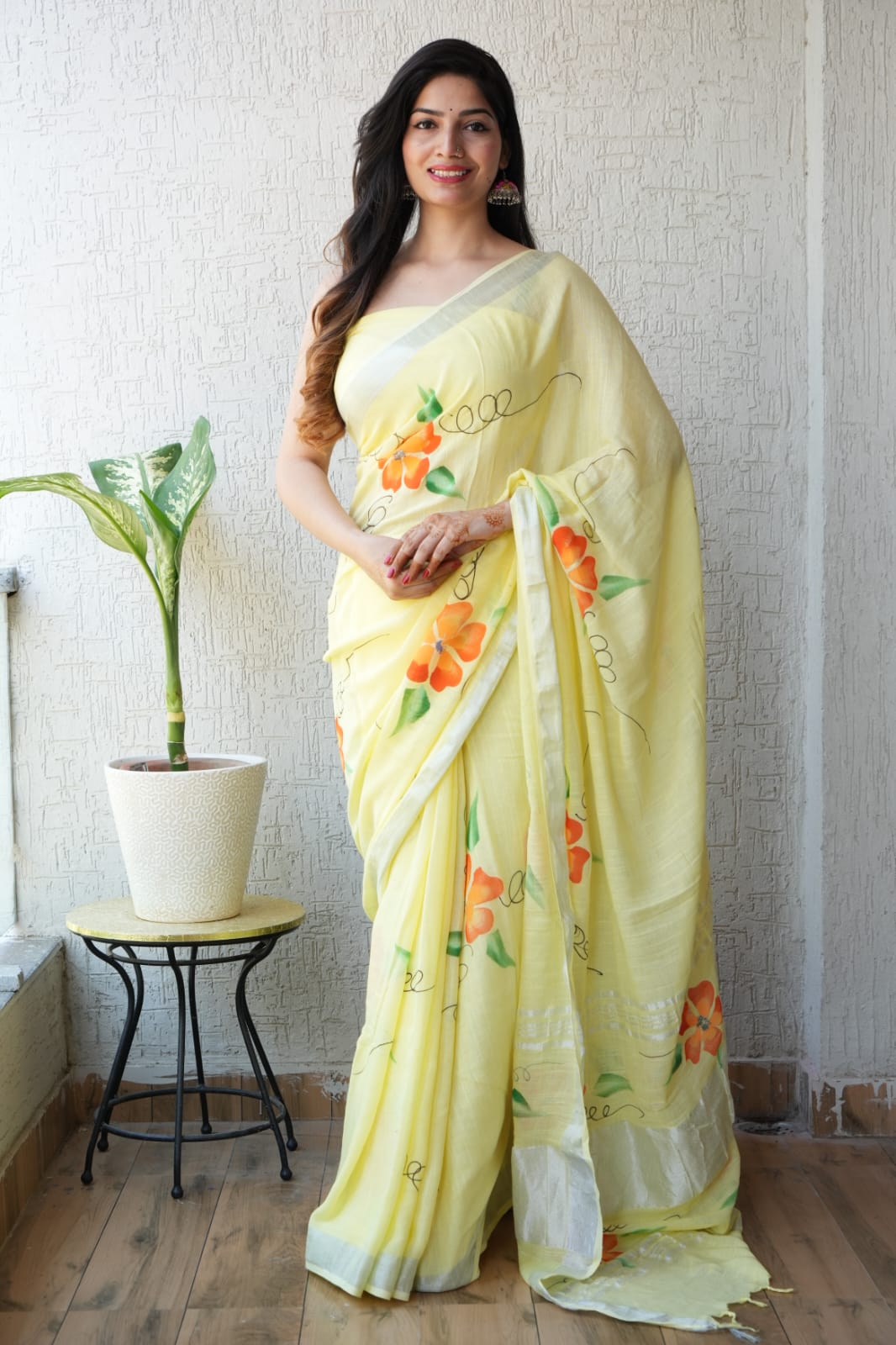 HAND BLOCK BLACK & WHITE PRINTED COTTON LINEN SAREE WITH BLOUSE (LCS99)