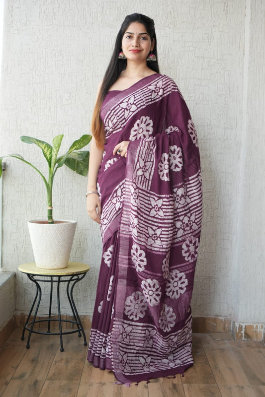 HAND BLOCK BLACK & WHITE PRINTED COTTON LINEN SAREE WITH BLOUSE (LCS103)