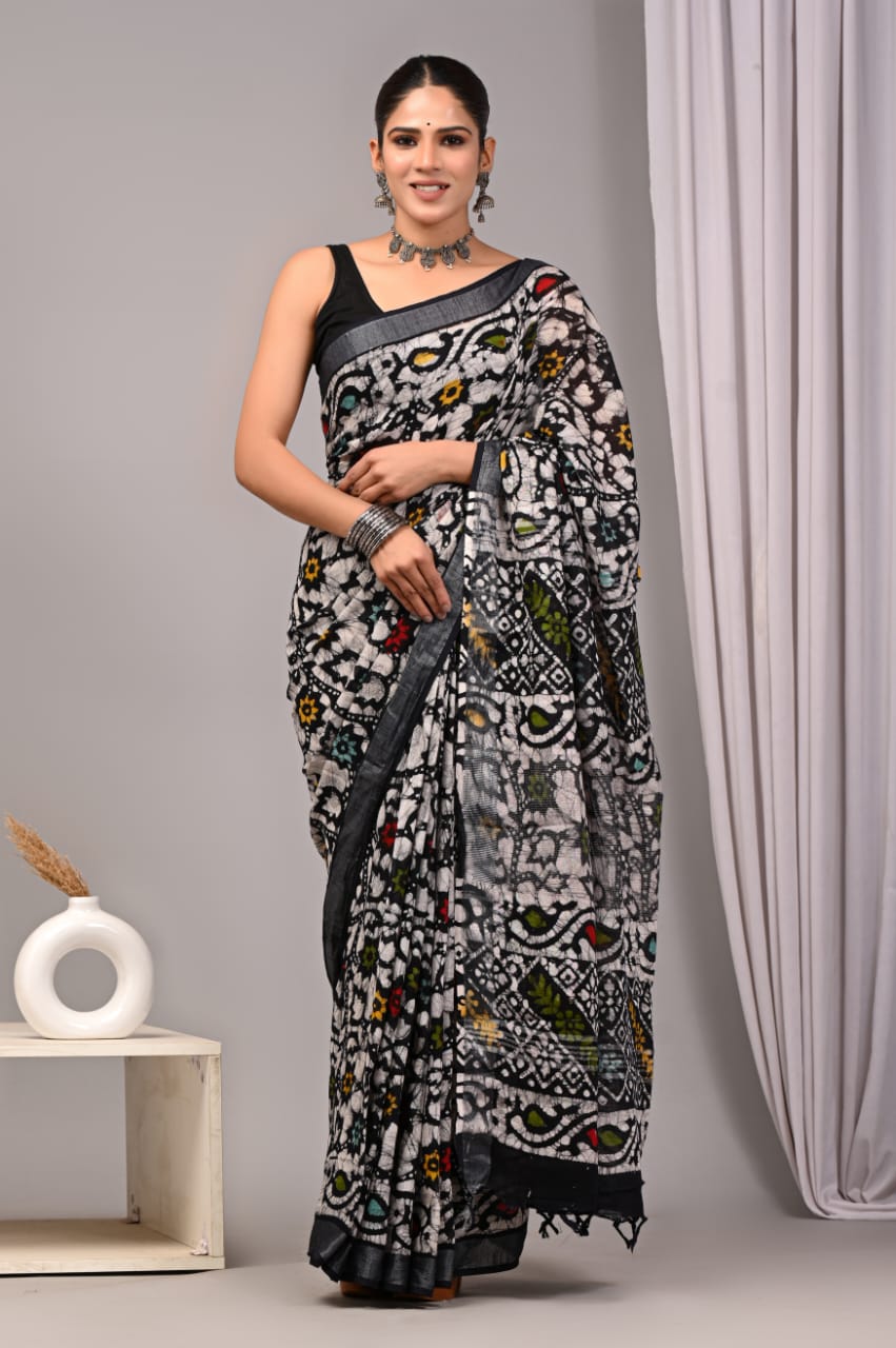 HAND BLOCK BLACK & WHITE PRINTED COTTON LINEN SAREE WITH BLOUSE (LCS111)