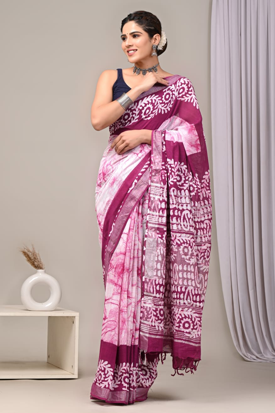 HAND BLOCK BLACK & WHITE PRINTED COTTON LINEN SAREE WITH BLOUSE (LCS112)