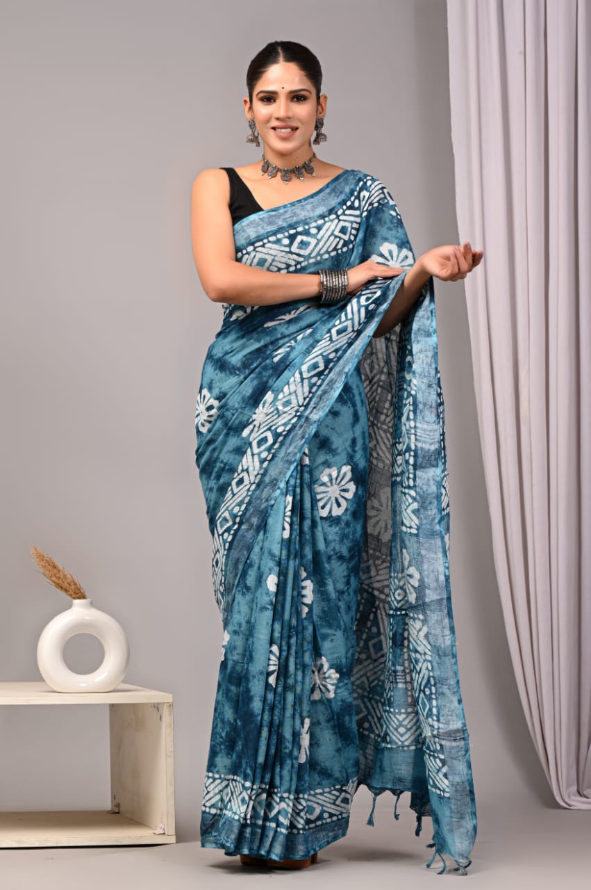 HAND BLOCK BLACK & WHITE PRINTED COTTON LINEN SAREE WITH BLOUSE (LCS114)