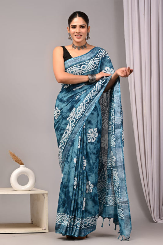 HAND BLOCK BLACK & WHITE PRINTED COTTON LINEN SAREE WITH BLOUSE (LCS114)