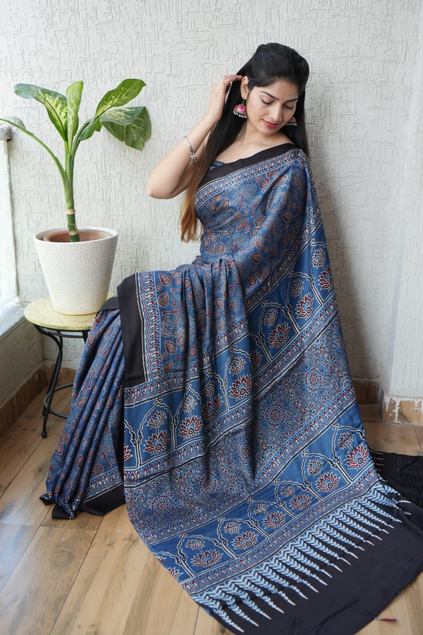 HAND BLOCK PRINTED AJRAKH MODAL SILK SAREE (CIG41)