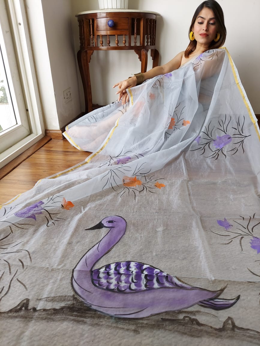 HAND BURSH PAINTED ORGANZA SILK SAREE WITH BLOUSE (CIB24)