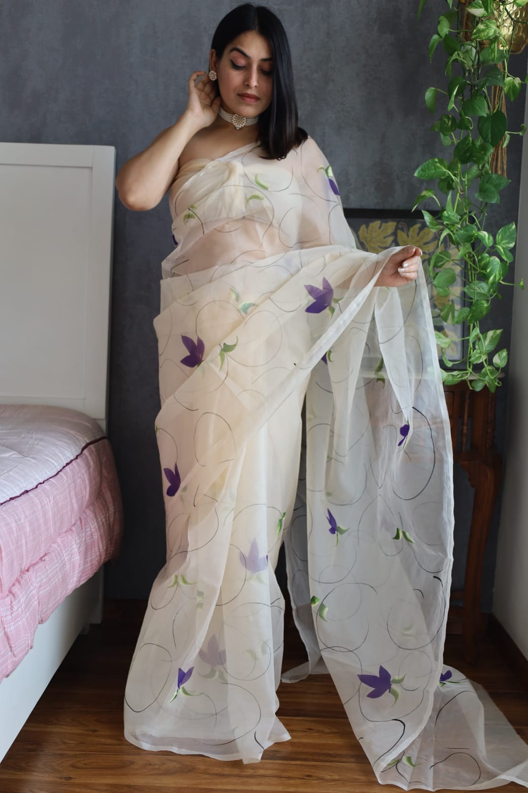 HAND BURSH PAINTED ORGANZA SILK SAREE WITH BLOUSE (CIB25)