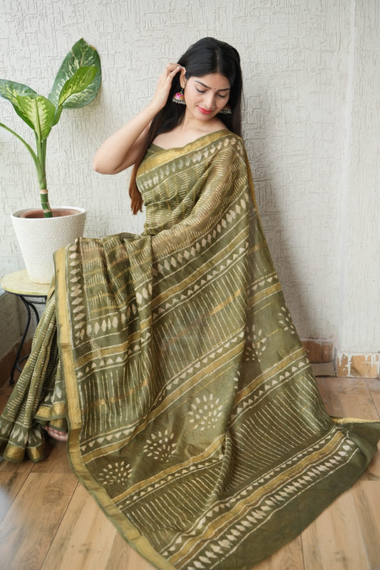 Jaipuri Hand Block Bagru Printed Maheshwari Silk Saree With Blouse (MSS121)