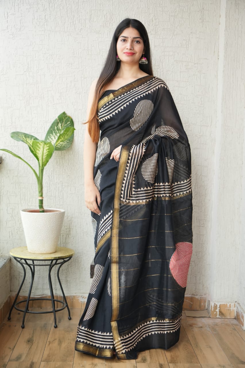 Jaipuri Hand Block Bagru Printed Maheshwari Silk Saree With Blouse (MSS118)