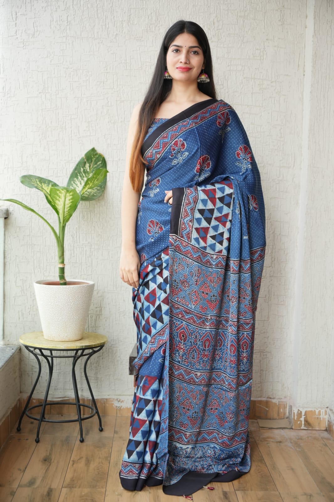 Ajrakh Hand Block Bagru Vanspati Printend Modal Silk Saree with Blouse (CID48)