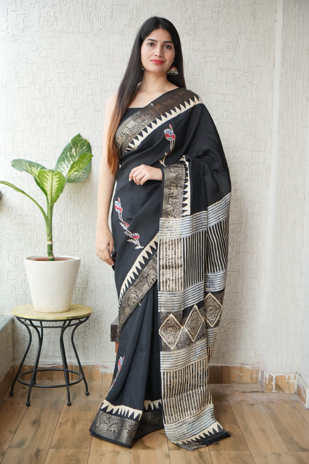 AJRAKH PRINTED PURE DOLA SILK SAREE WITH BLOUSE (MS26)