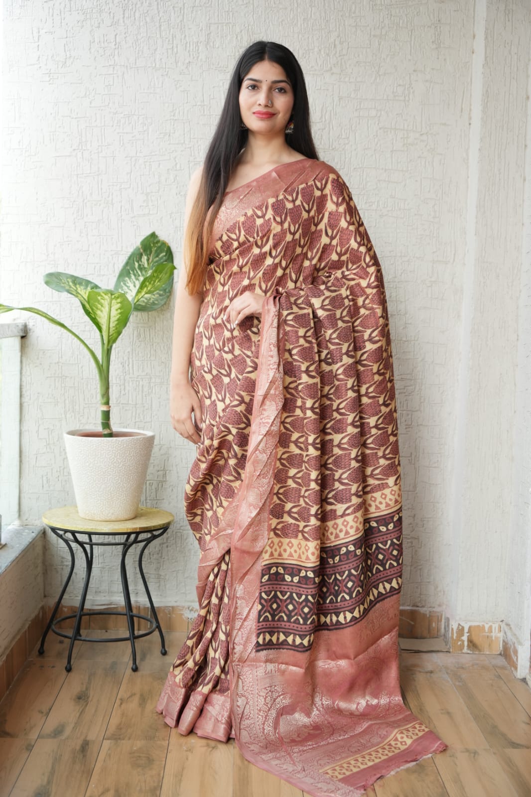 AJRAKH PRINTED PURE DOLA SILK SAREE WITH BLOUSE (MS4)