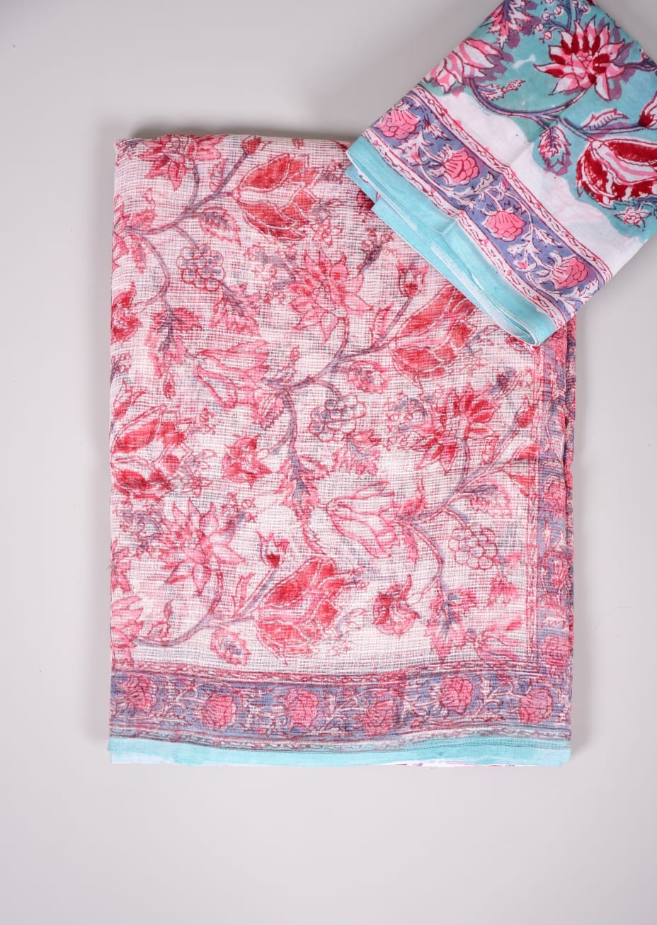 HAND BLOCK BAGRU PRINTED KOTA DORIYA SAREE WITH MULMUL BLOUSE (KDS55)