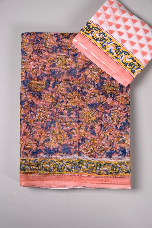 HAND BLOCK BAGRU PRINTED KOTA DORIYA SAREE WITH MULMUL BLOUSE (KDS58)